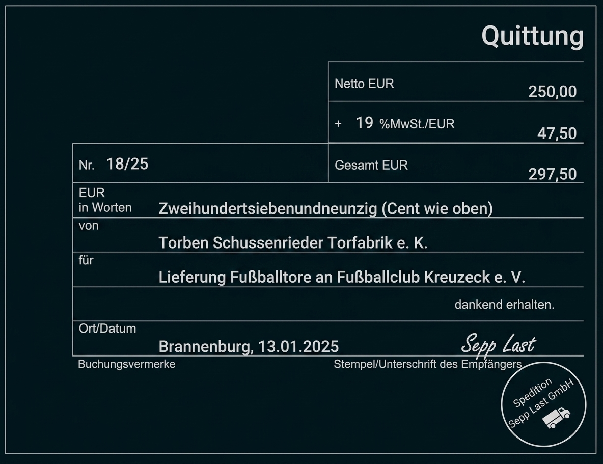 Quittung über 297,50 EUR für Fußballtore, mit Datum und Unterschrift